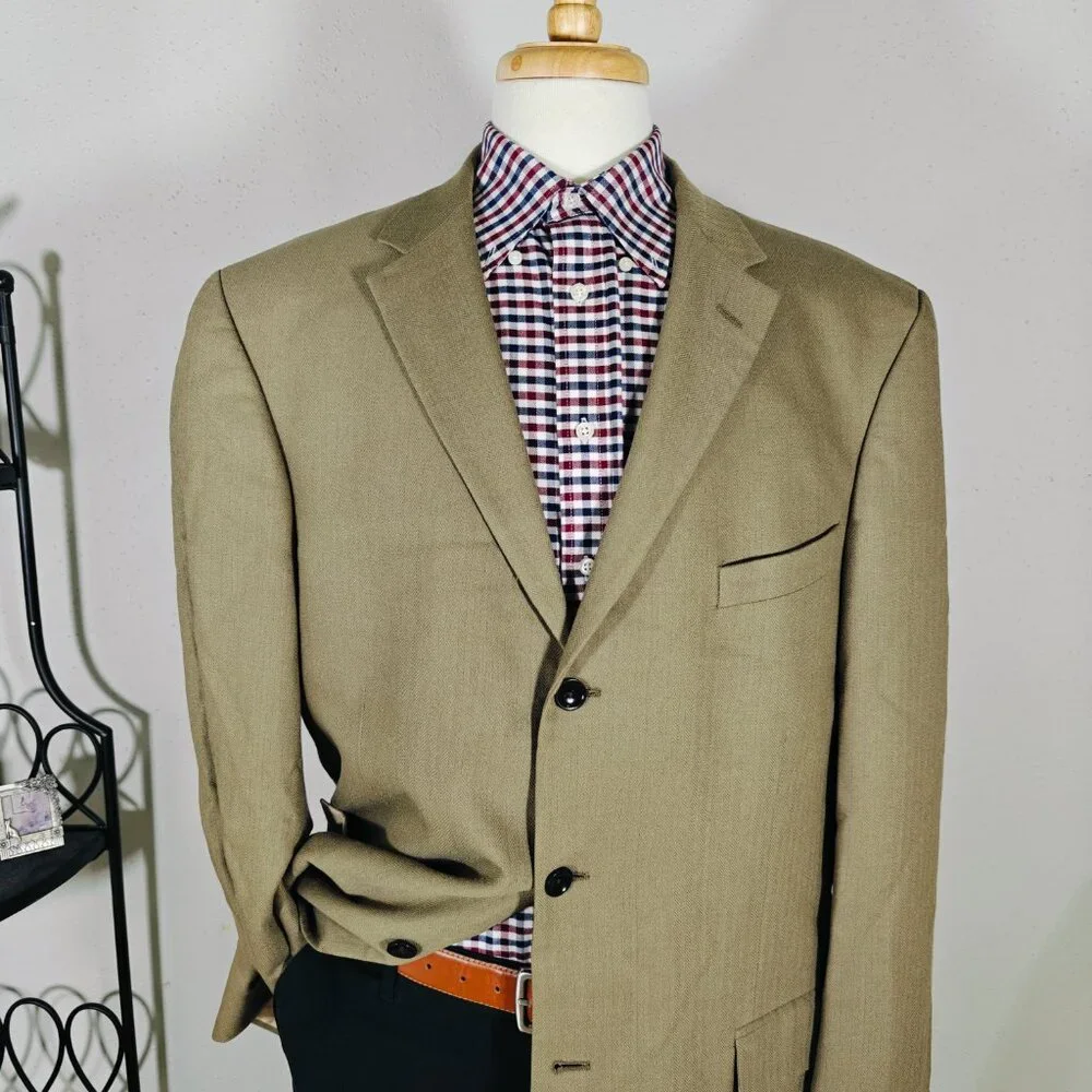 Nautica Lord Taylor Men's Sport Coat‎ Blazer Brown Herringbone Silk Wool Sz 44L